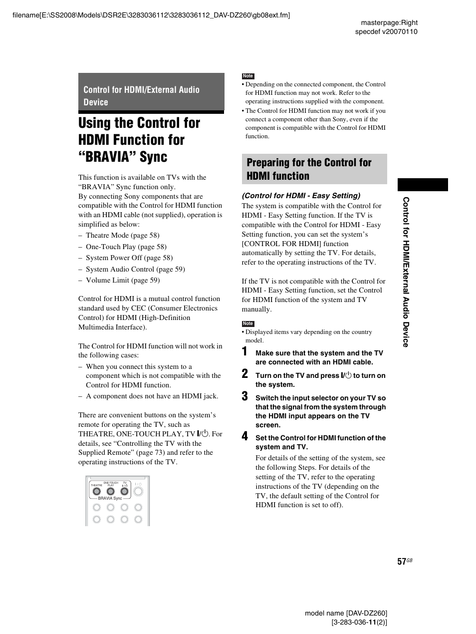 Control for hdmi/external audio device, Preparing for the control for hdmi function, Using the control for hdmi function for | Bravia” sync | Sony DAV-DZ260 User Manual | Page 57 / 104