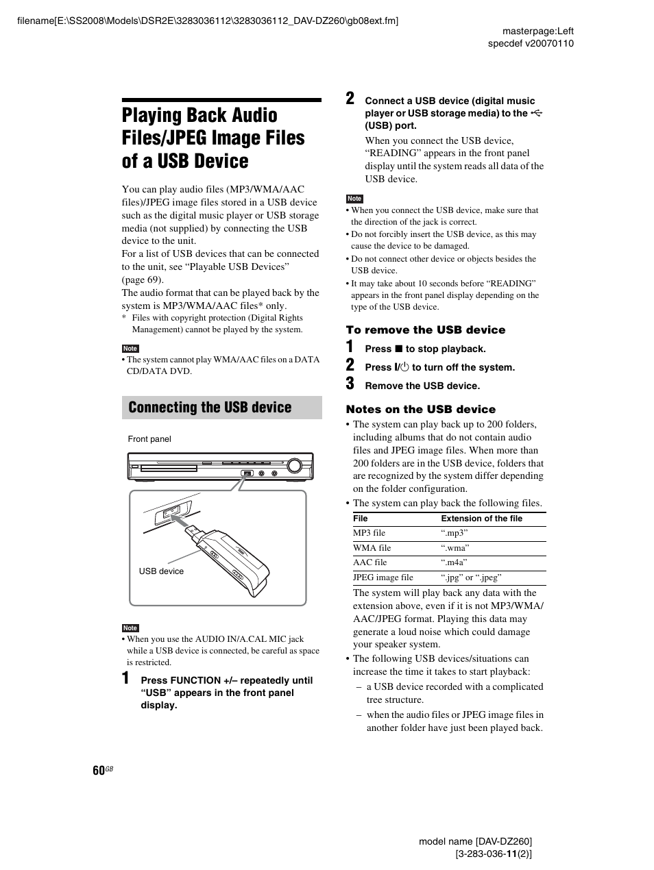 Connecting the usb device, Playing back audio files/jpeg image, Files of a usb device | Sony DAV-DZ260 User Manual | Page 60 / 104