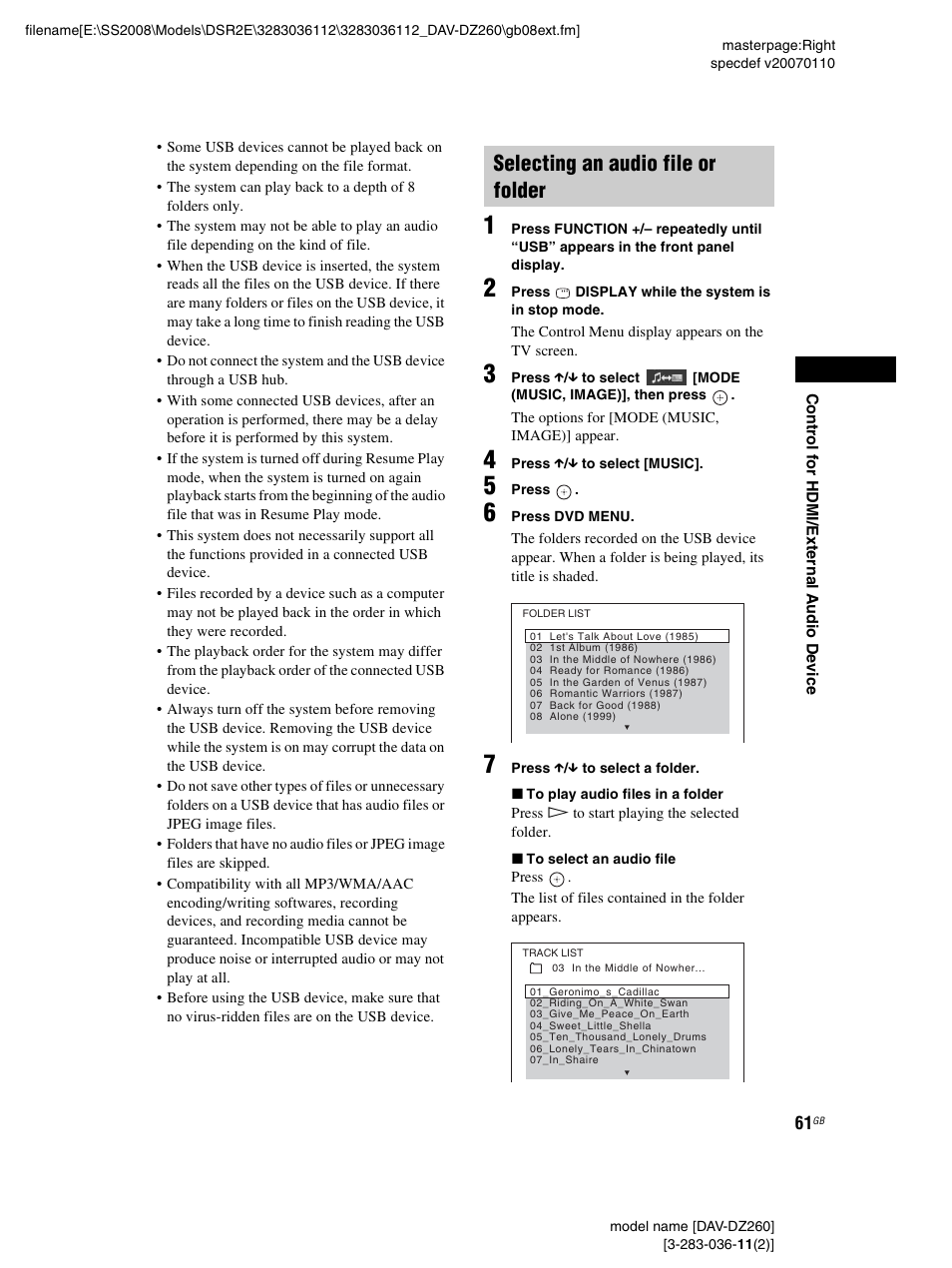 Selecting an audio file or folder | Sony DAV-DZ260 User Manual | Page 61 / 104