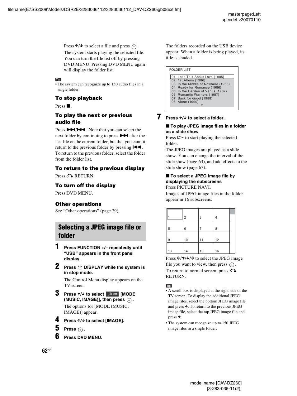 Selecting a jpeg image file or folder | Sony DAV-DZ260 User Manual | Page 62 / 104