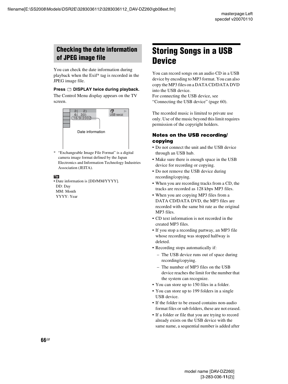 Checking the date information of jpeg image file, Storing songs in a usb device | Sony DAV-DZ260 User Manual | Page 66 / 104