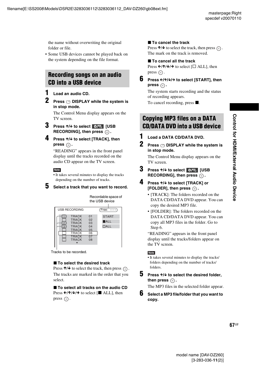 Recording songs on an audio cd into a usb device | Sony DAV-DZ260 User Manual | Page 67 / 104