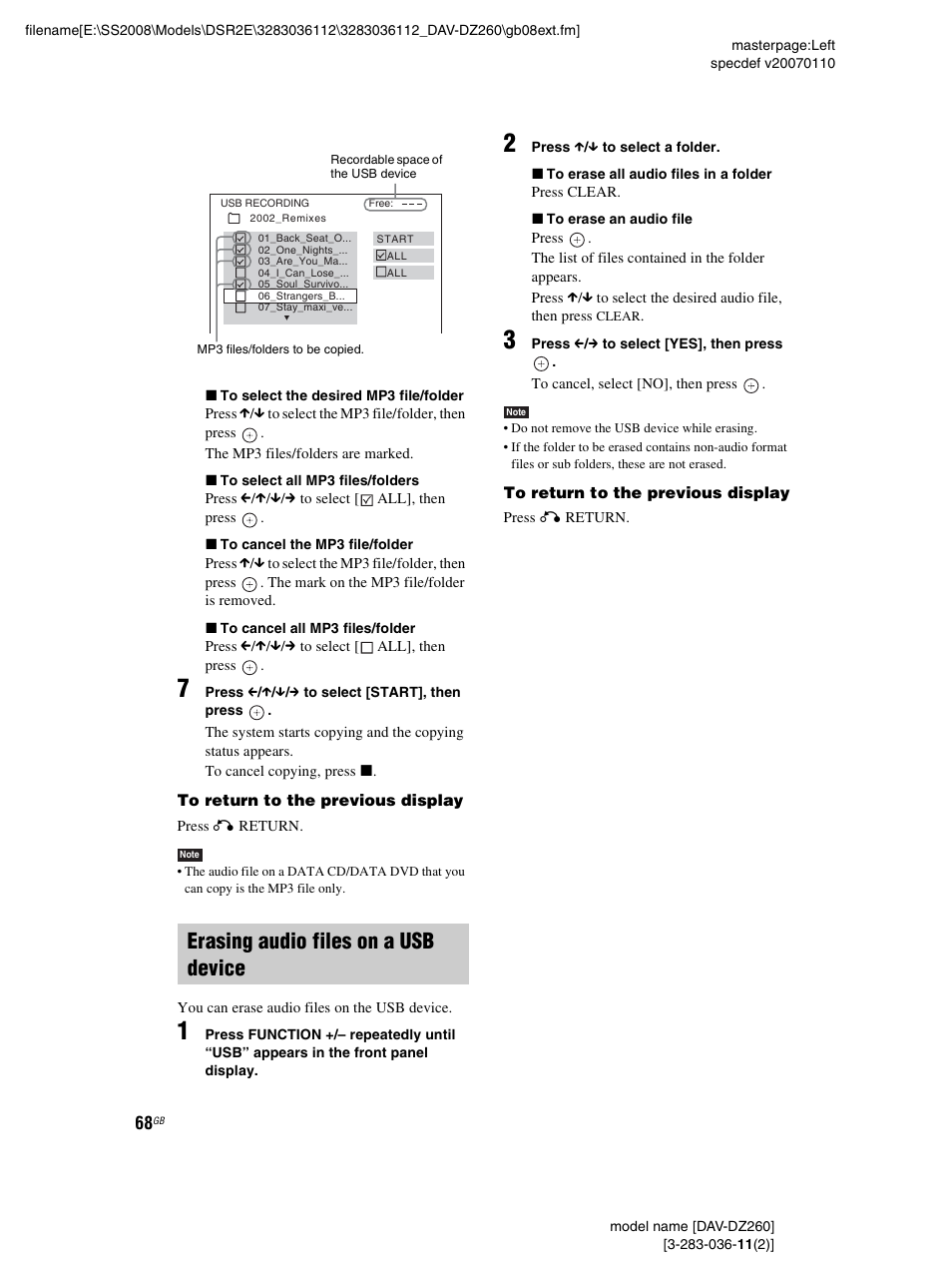 Erasing audio files on a usb device | Sony DAV-DZ260 User Manual | Page 68 / 104