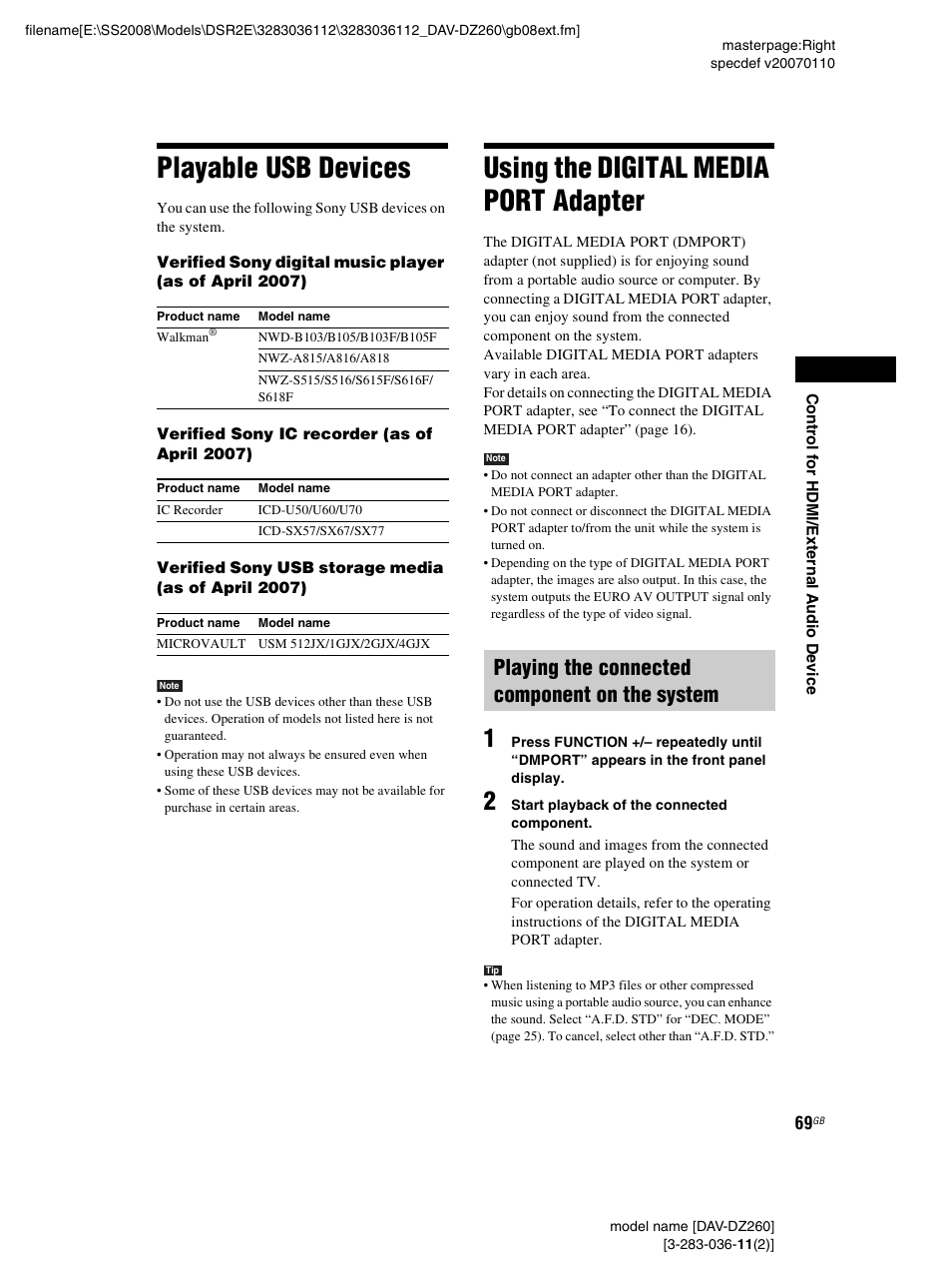 Playable usb devices, Using the digital media port adapter, Playing the connected component on the system | Playable usb devices using the digital media port, Adapter | Sony DAV-DZ260 User Manual | Page 69 / 104