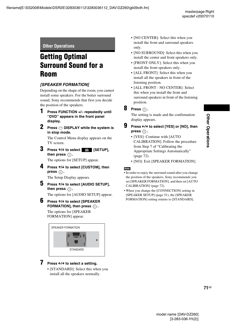 Other operations, Getting optimal surround sound for a room, Getting optimal surround sound for a | Room | Sony DAV-DZ260 User Manual | Page 71 / 104