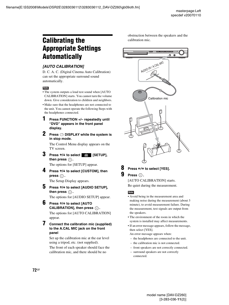 Calibrating the appropriate settings automatically, Calibrating the appropriate settings, Automatically | Sony DAV-DZ260 User Manual | Page 72 / 104