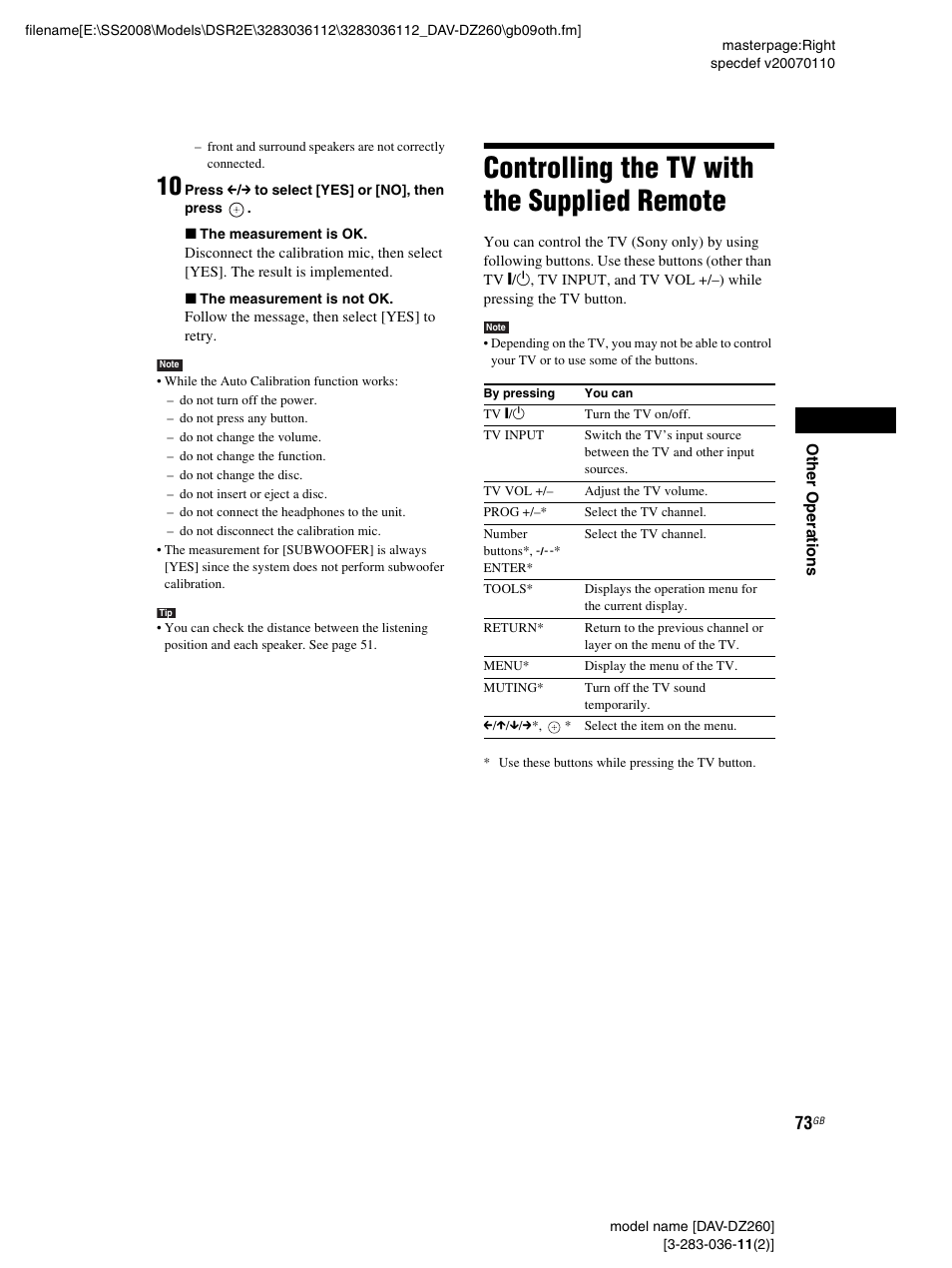 Controlling the tv with the supplied remote, Controlling the tv with the supplied, Remote | Sony DAV-DZ260 User Manual | Page 73 / 104