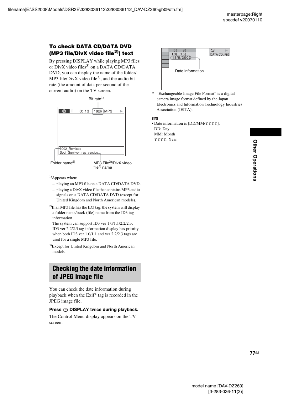 Checking the date information of jpeg image file | Sony DAV-DZ260 User Manual | Page 77 / 104