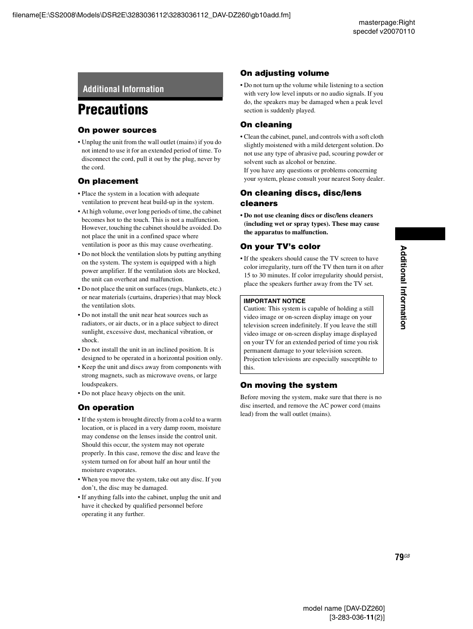 Additional information, Precautions | Sony DAV-DZ260 User Manual | Page 79 / 104