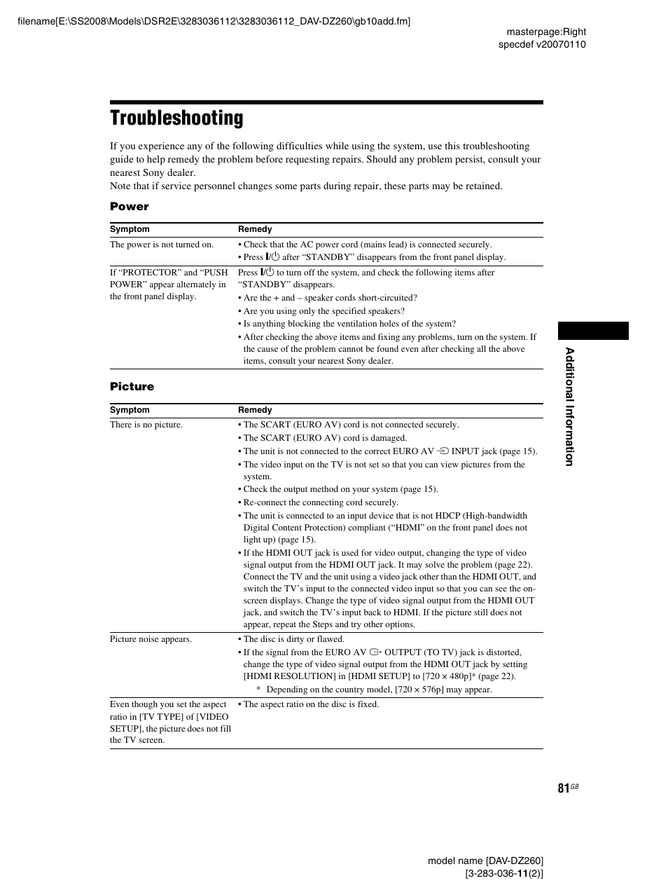 Troubleshooting | Sony DAV-DZ260 User Manual | Page 81 / 104