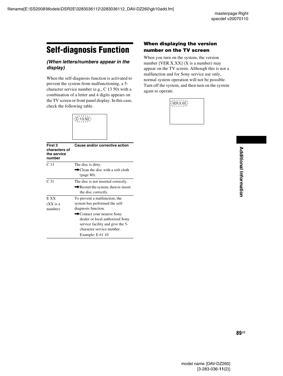 Self-diagnosis function | Sony DAV-DZ260 User Manual | Page 89 / 104