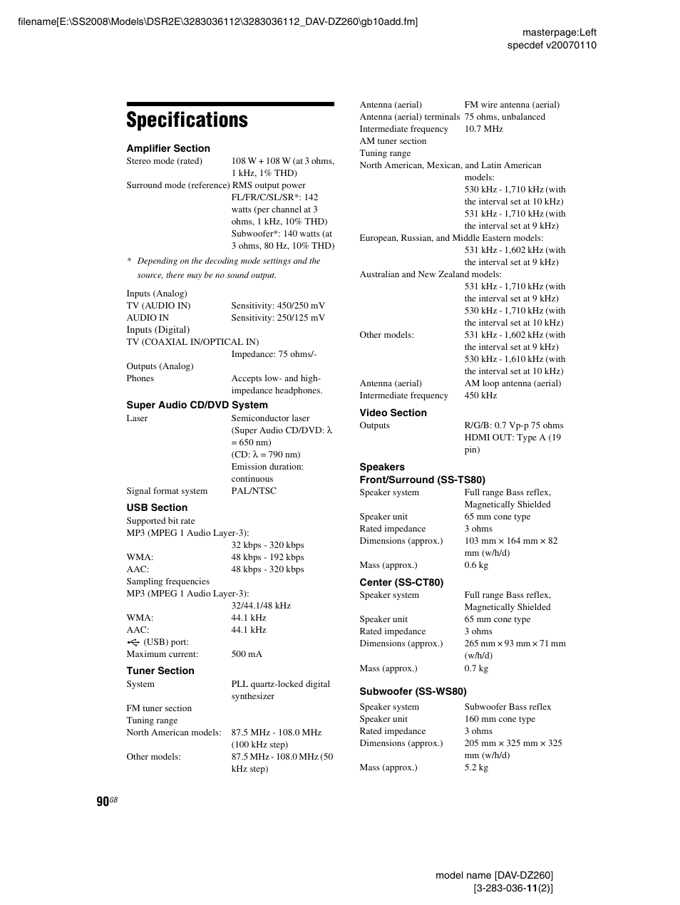 Specifications | Sony DAV-DZ260 User Manual | Page 90 / 104