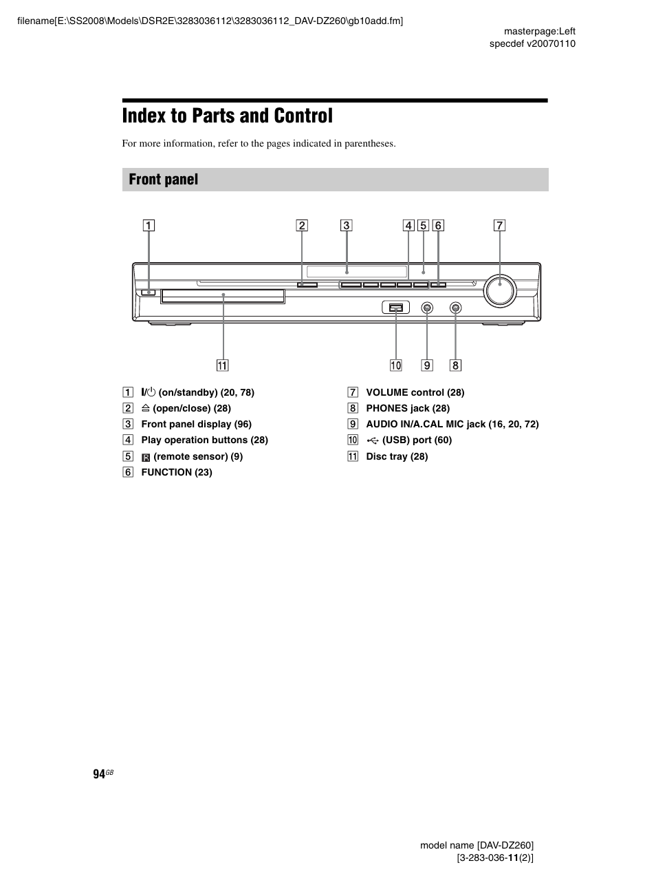 Index to parts and control, Front panel | Sony DAV-DZ260 User Manual | Page 94 / 104