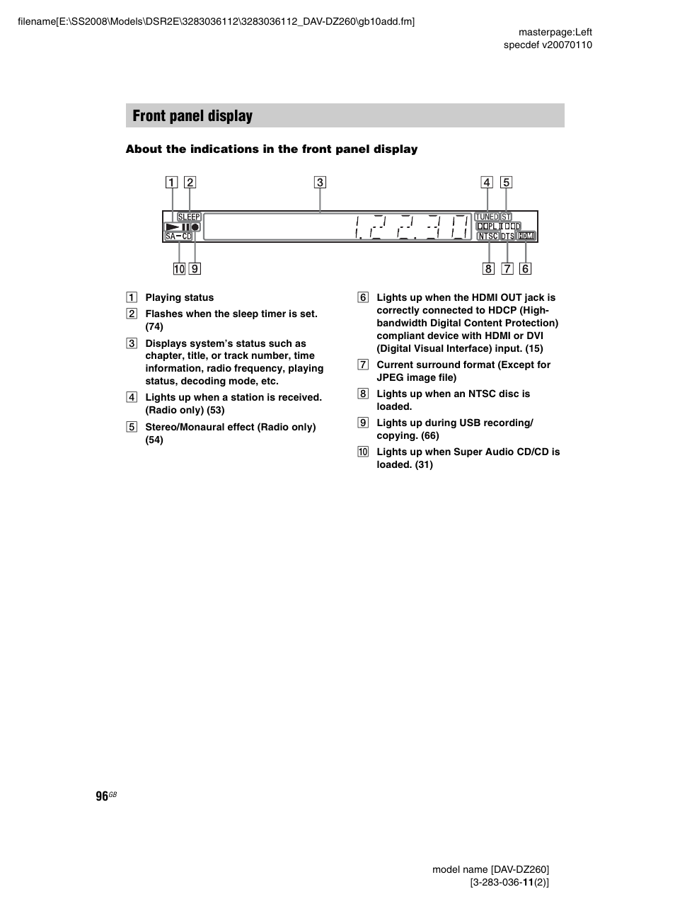 Front panel display, Ay (96) | Sony DAV-DZ260 User Manual | Page 96 / 104