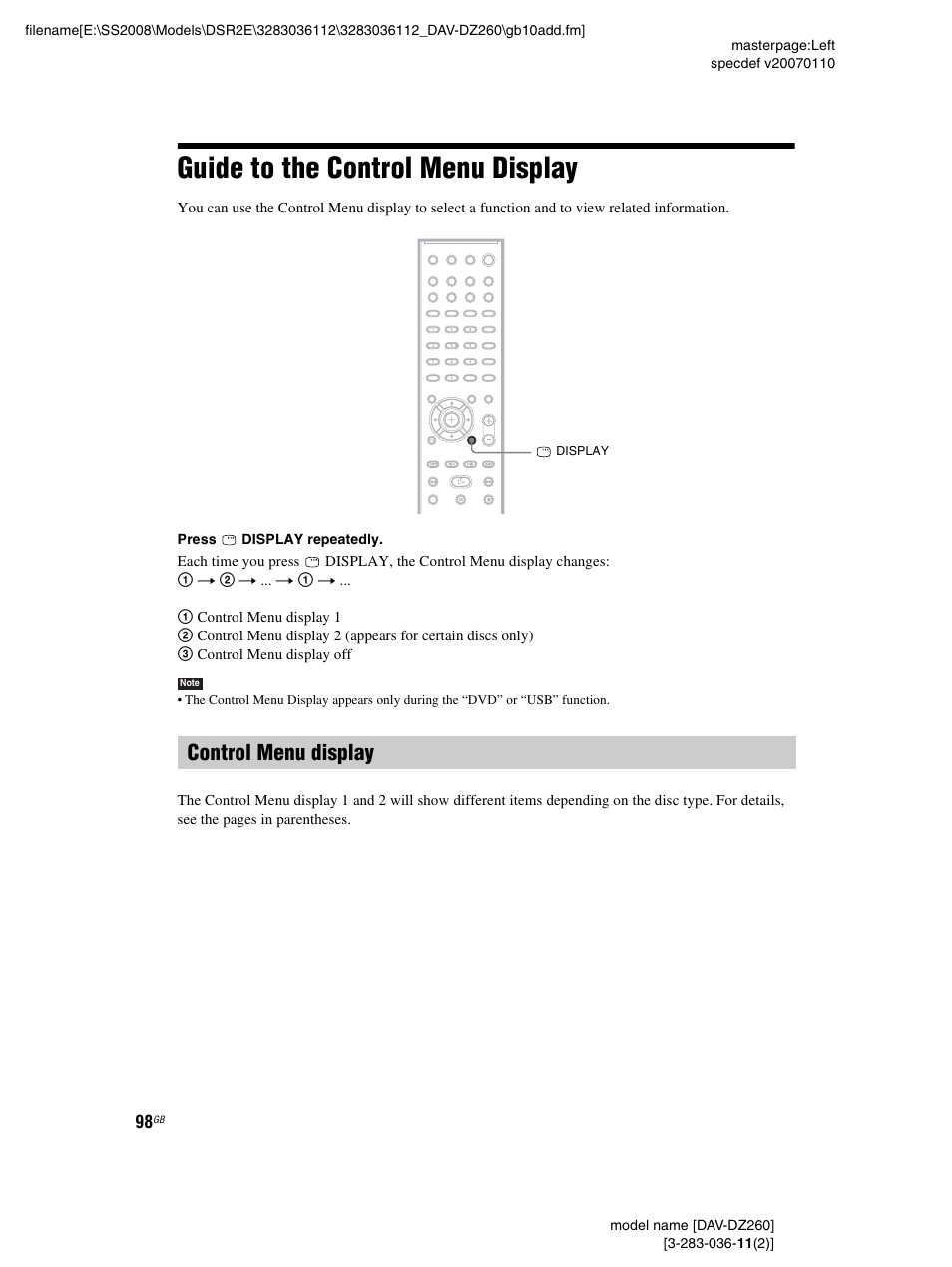 Guide to the control menu display, Control menu display | Sony DAV-DZ260 User Manual | Page 98 / 104