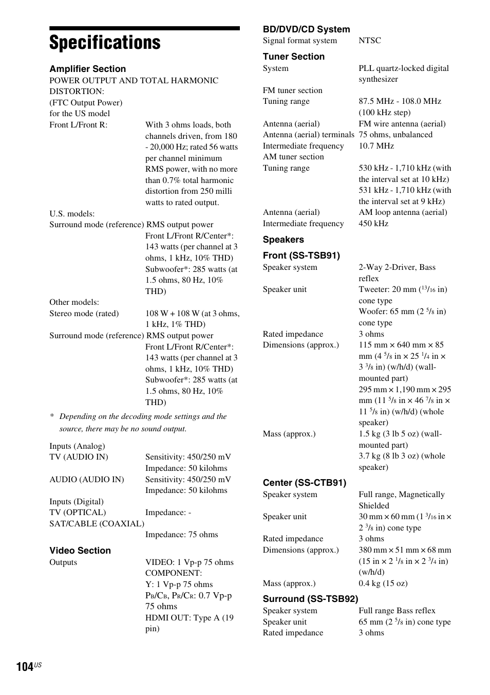 Specifications | Sony BDV-E500W User Manual | Page 104 / 123