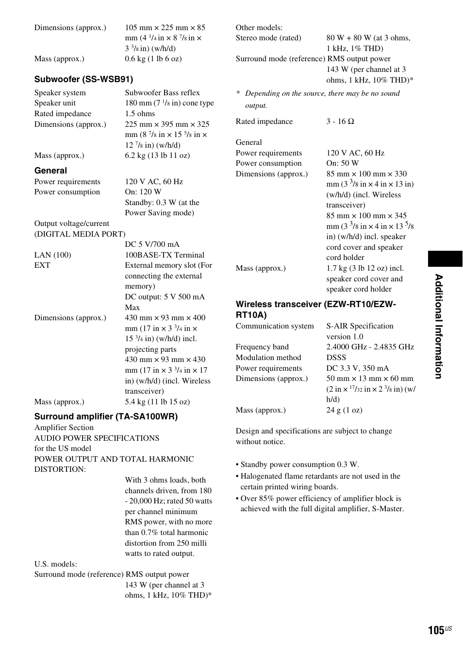Ad ditio n al inf o rm at ion | Sony BDV-E500W User Manual | Page 105 / 123