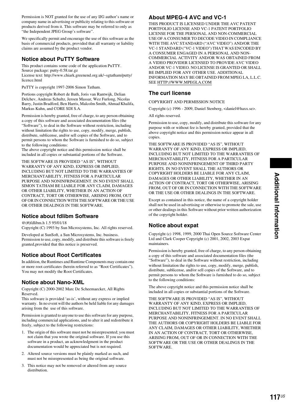 Ad ditio n al inf o rm at ion | Sony BDV-E500W User Manual | Page 117 / 123