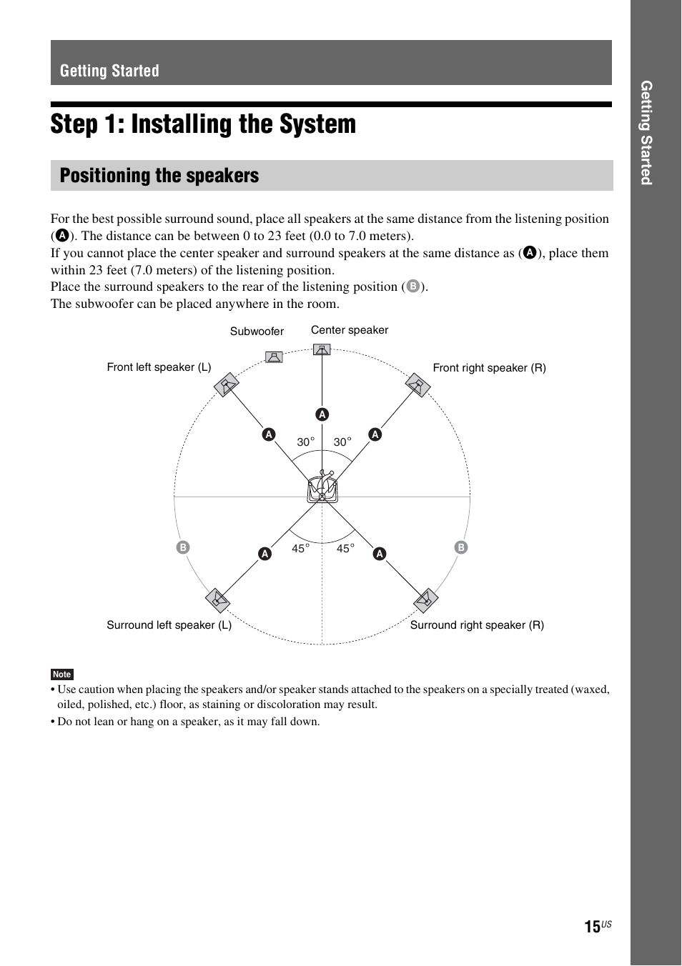 Getting started, Step 1: installing the system, Positioning the speakers | Sony BDV-E500W User Manual | Page 15 / 123