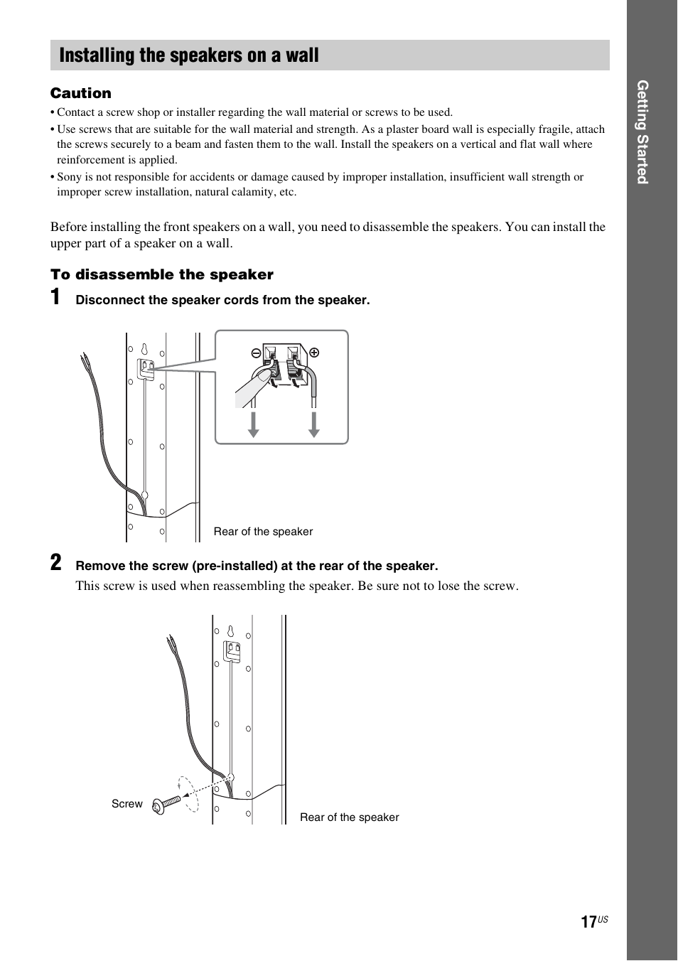Installing the speakers on a wall | Sony BDV-E500W User Manual | Page 17 / 123