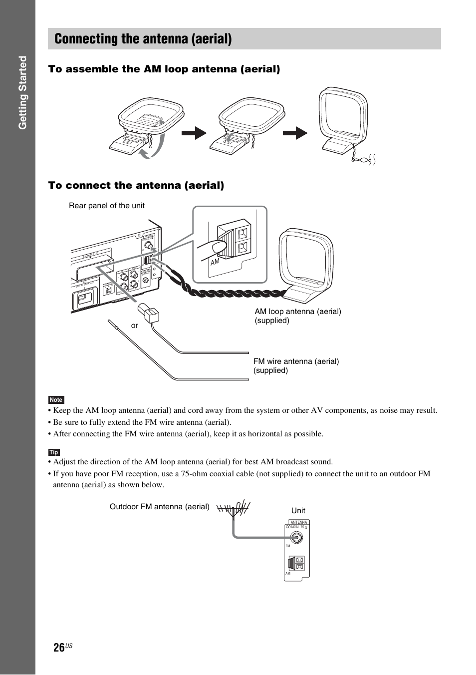 Connecting the antenna (aerial), E 26), Outdoor fm antenna (aerial) unit | Sony BDV-E500W User Manual | Page 26 / 123