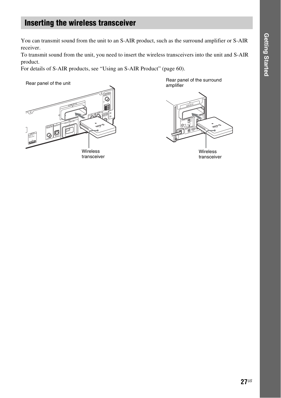 Inserting the wireless transceiver, E 27, E 27) | Ge tting star te d | Sony BDV-E500W User Manual | Page 27 / 123