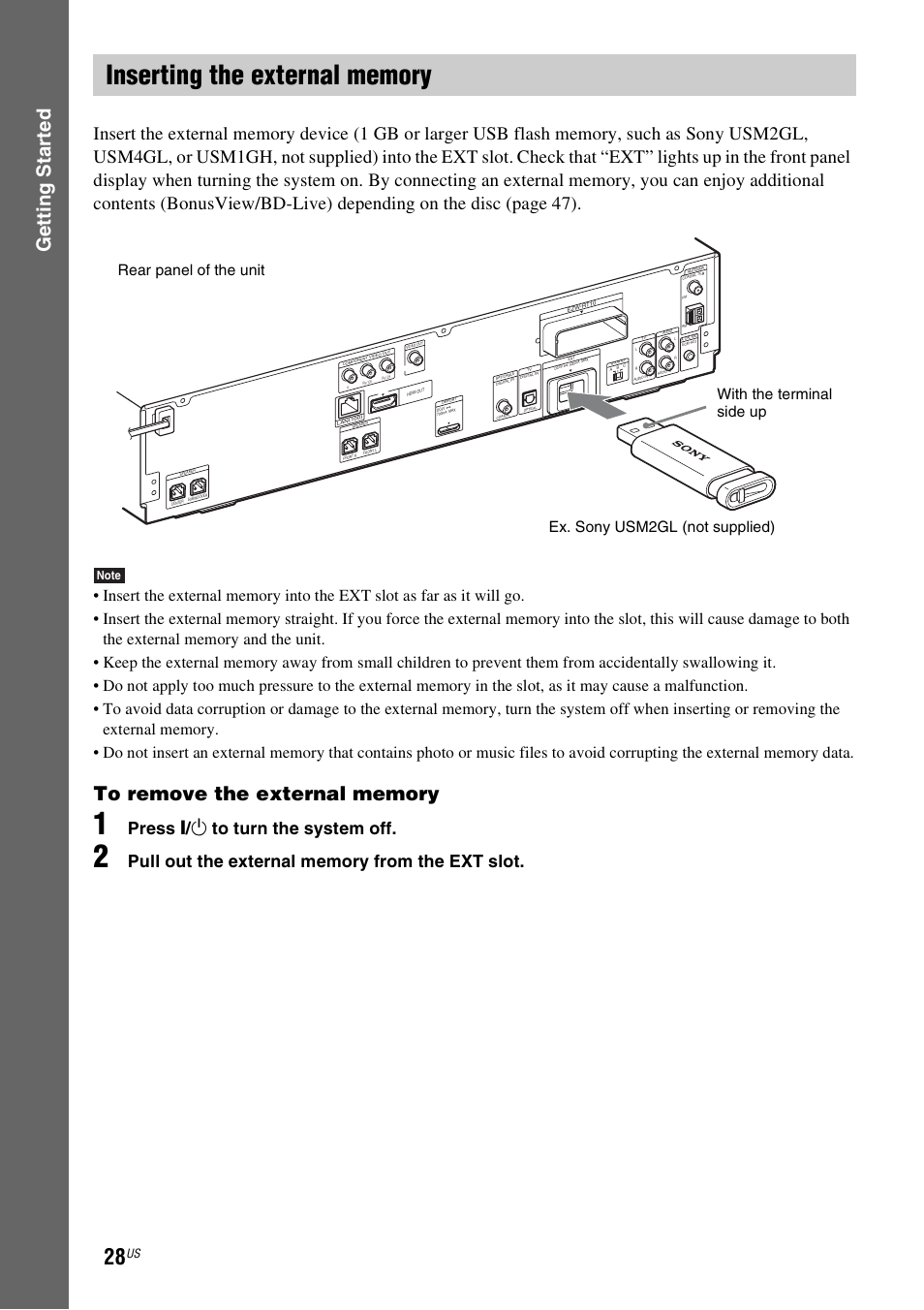 Inserting the external memory, Gettin g star ted, Press " / 1 to turn the system off | Sony BDV-E500W User Manual | Page 28 / 123