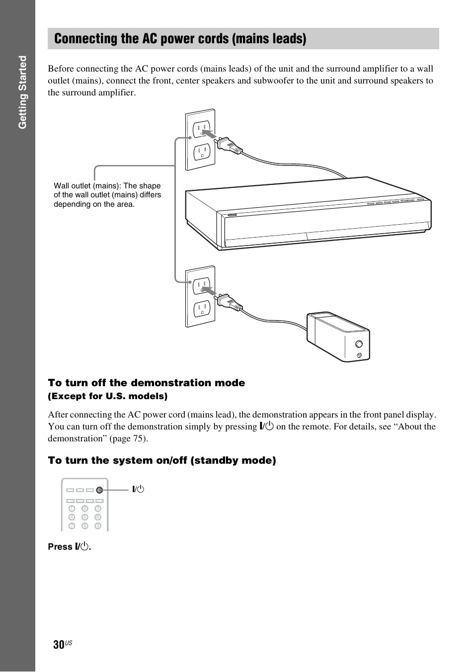 Connecting the ac power cords (mains leads), Gettin g star ted | Sony BDV-E500W User Manual | Page 30 / 123