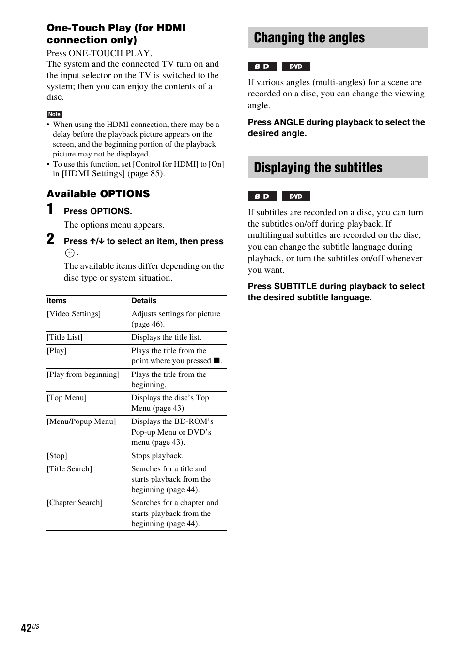 Changing the angles, Displaying the subtitles, E 42) | Changing the angles displaying the subtitles | Sony BDV-E500W User Manual | Page 42 / 123