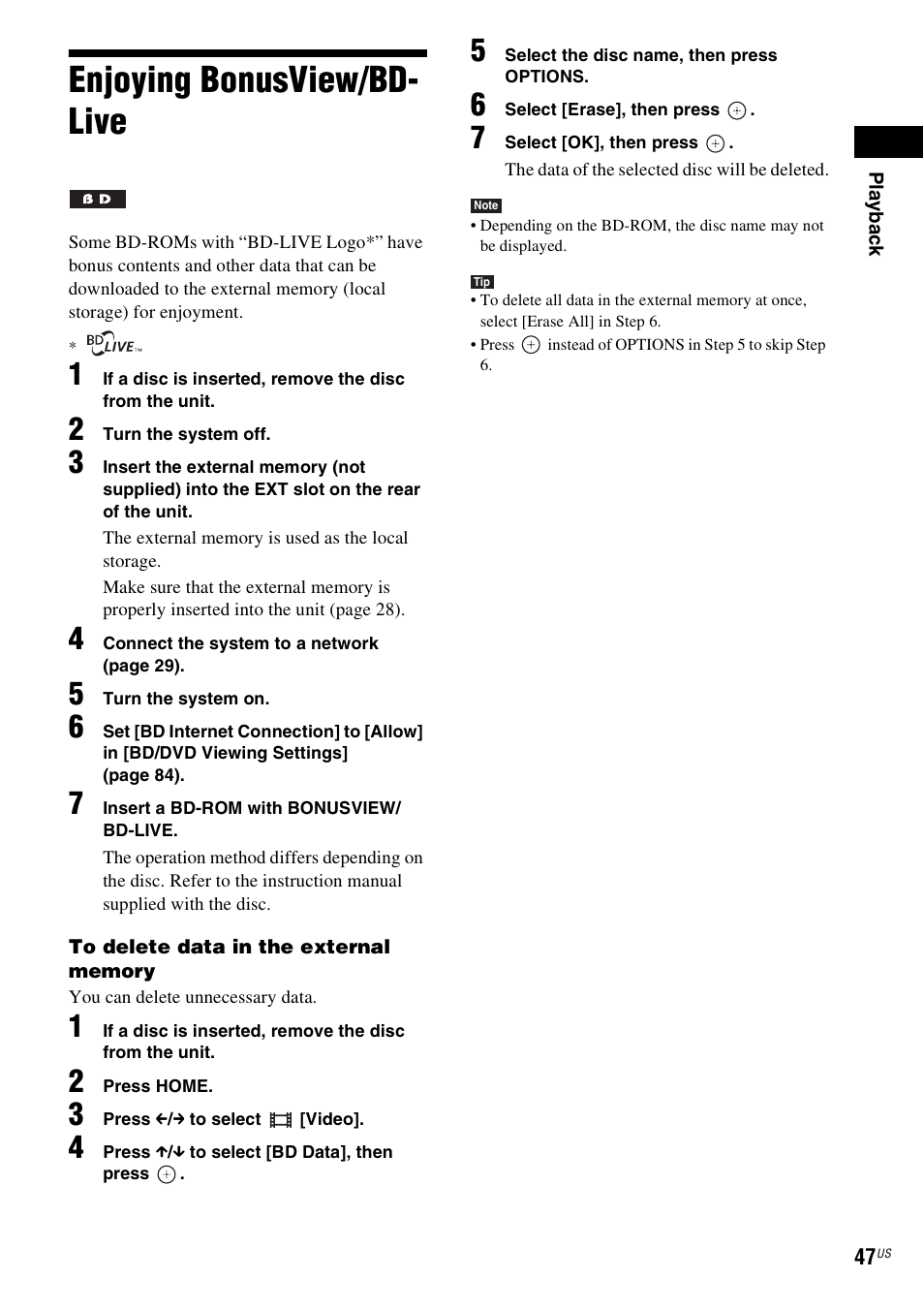 Enjoying bonusview/bd- live, Enjoying bonusview/bd-live | Sony BDV-E500W User Manual | Page 47 / 123