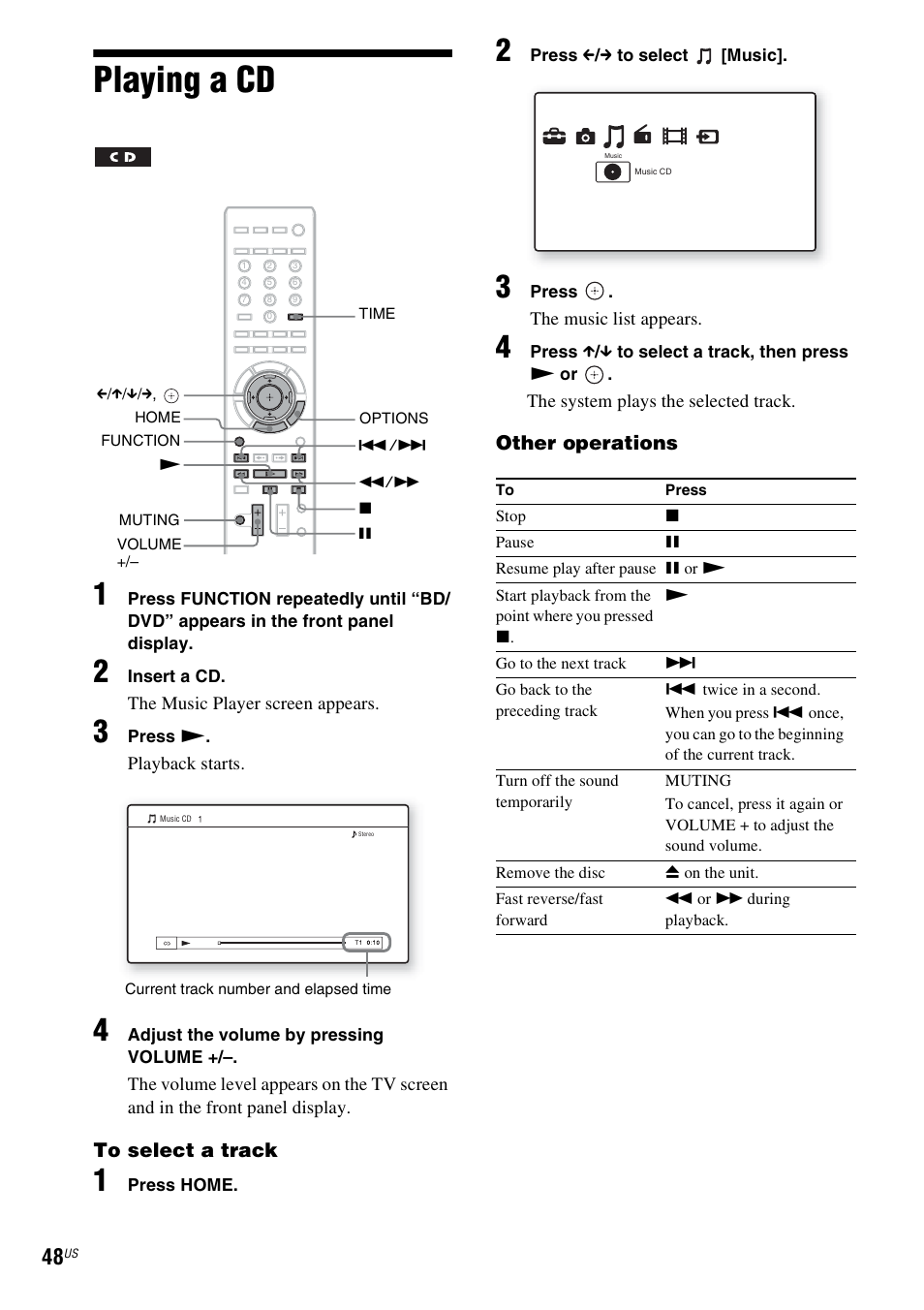 Playing a cd | Sony BDV-E500W User Manual | Page 48 / 123