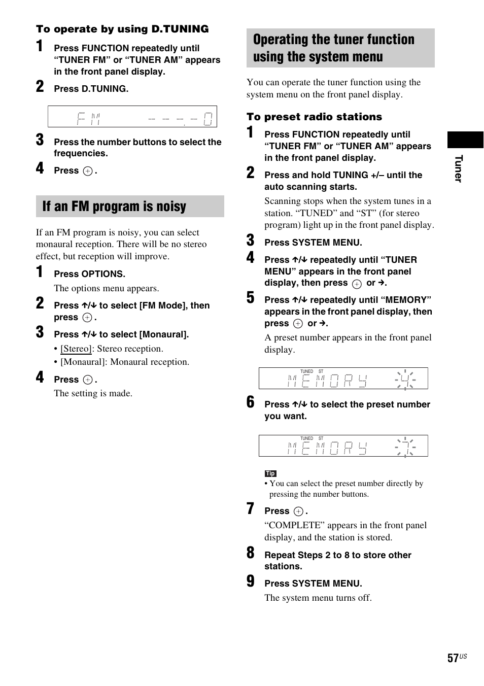 If an fm program is noisy, Operating the tuner function using the system menu, E 57) | Sony BDV-E500W User Manual | Page 57 / 123