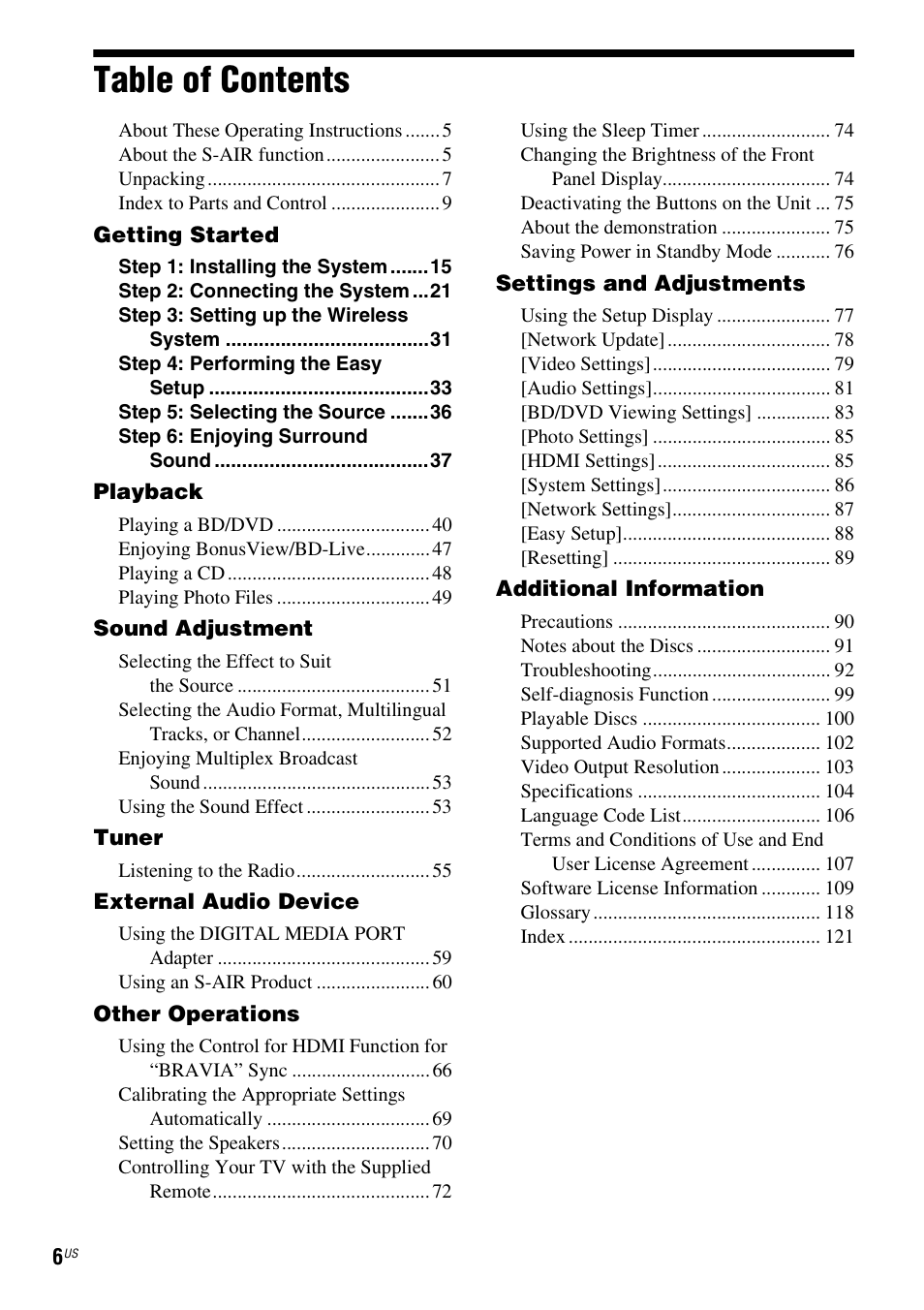 Sony BDV-E500W User Manual | Page 6 / 123