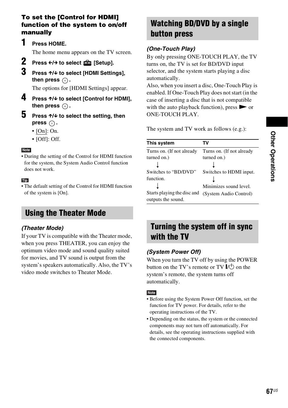 Using the theater mode, Watching bd/dvd by a single button press, Turning the system off in sync with the tv | Sony BDV-E500W User Manual | Page 67 / 123