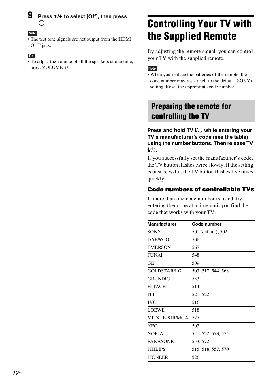 Controlling your tv with the supplied remote, Preparing the remote for controlling the tv, Controlling your tv with the supplied | Remote, E 72), Es 72 | Sony BDV-E500W User Manual | Page 72 / 123
