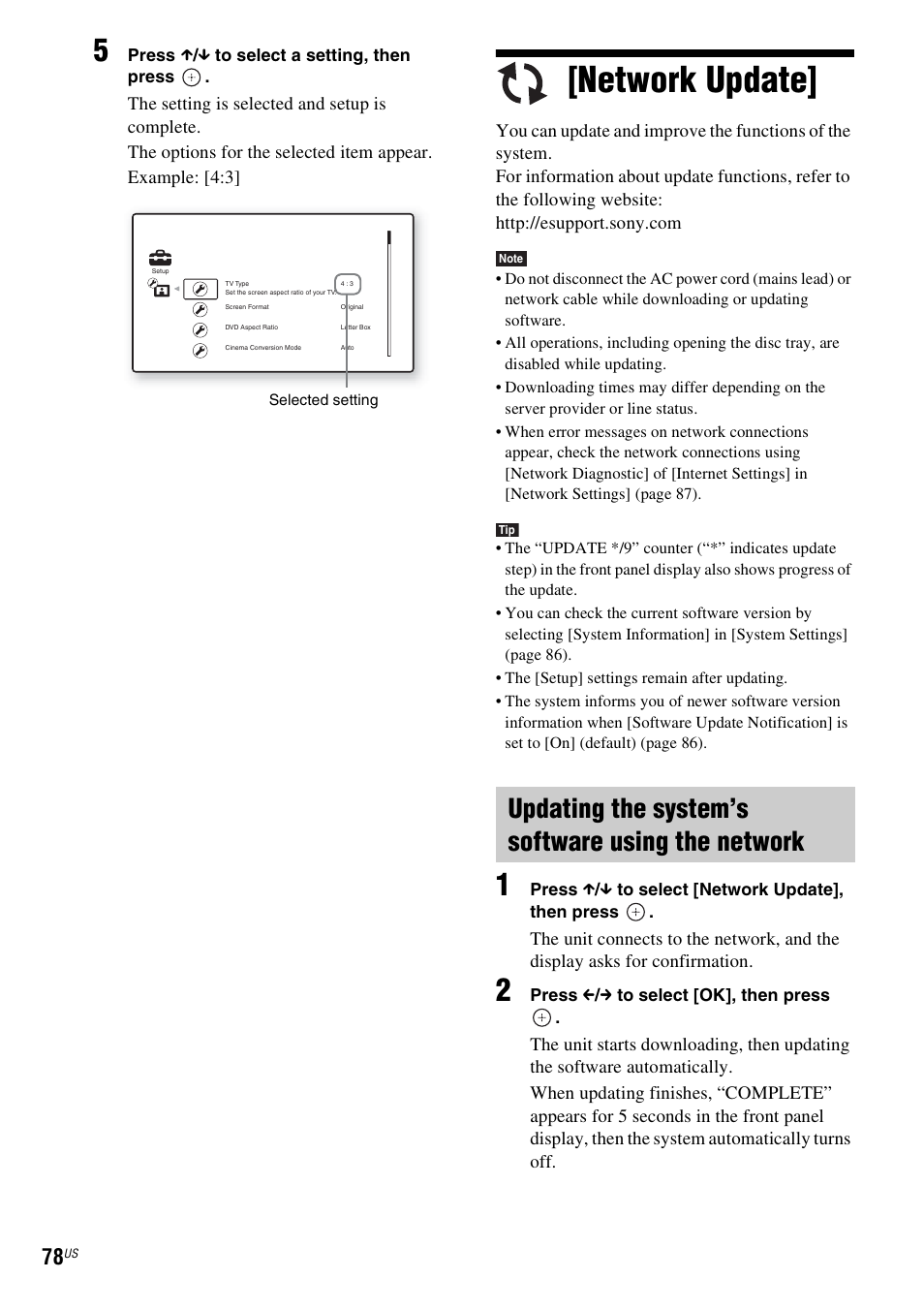 Network update, Updating the system’s software using the network | Sony BDV-E500W User Manual | Page 78 / 123