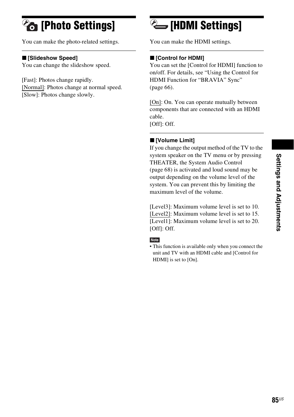 Photo settings, Hdmi settings, Photo settings] [hdmi settings | Sony BDV-E500W User Manual | Page 85 / 123