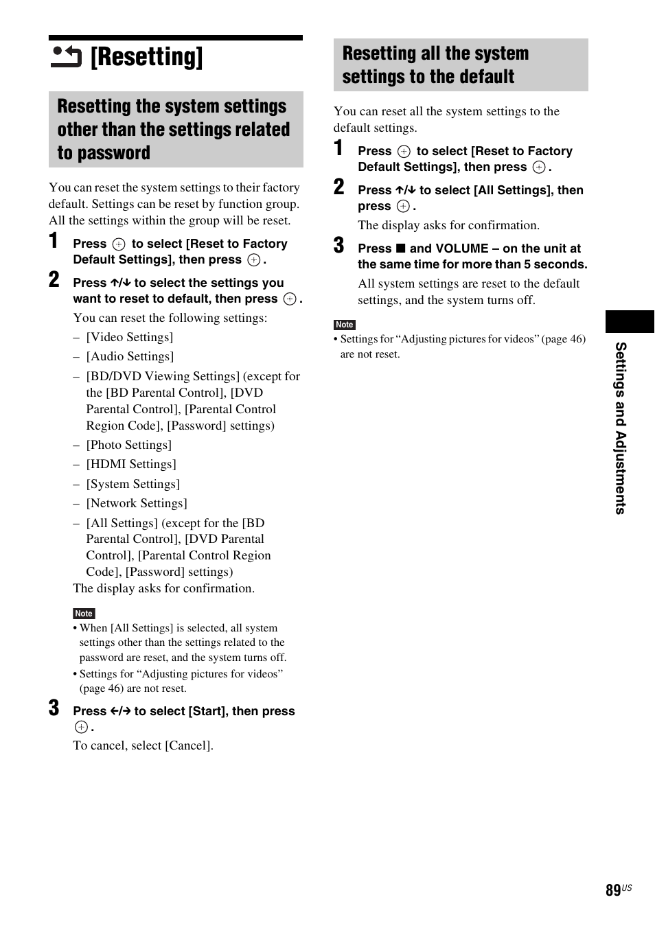Resetting, Resetting all the system settings to the default | Sony BDV-E500W User Manual | Page 89 / 123