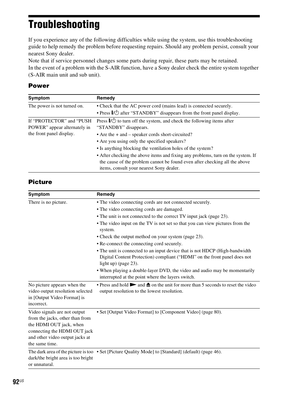 Troubleshooting | Sony BDV-E500W User Manual | Page 92 / 123
