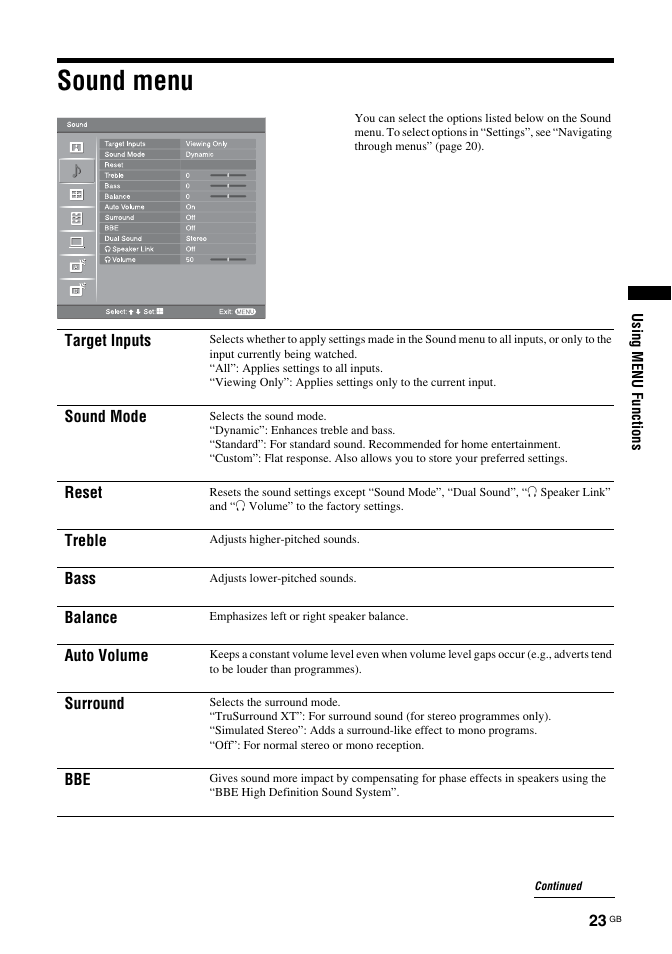 Sound menu | Sony Bravia KDL-26S2030 User Manual | Page 23 / 42