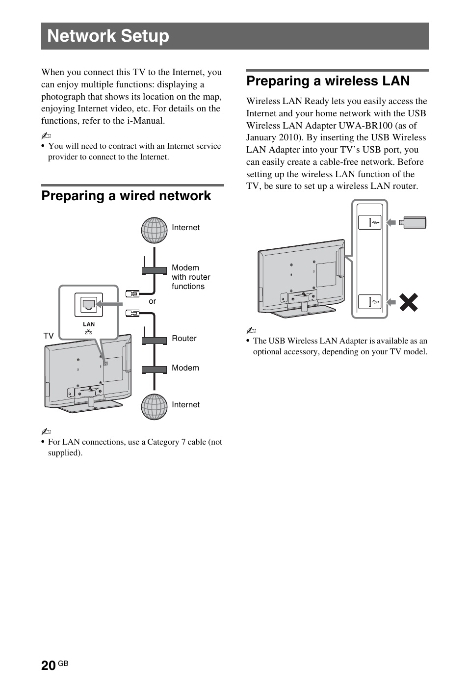 Network setup, Preparing a wired network, Preparing a wireless lan | Sony 4-269-995-13(1) User Manual | Page 20 / 36