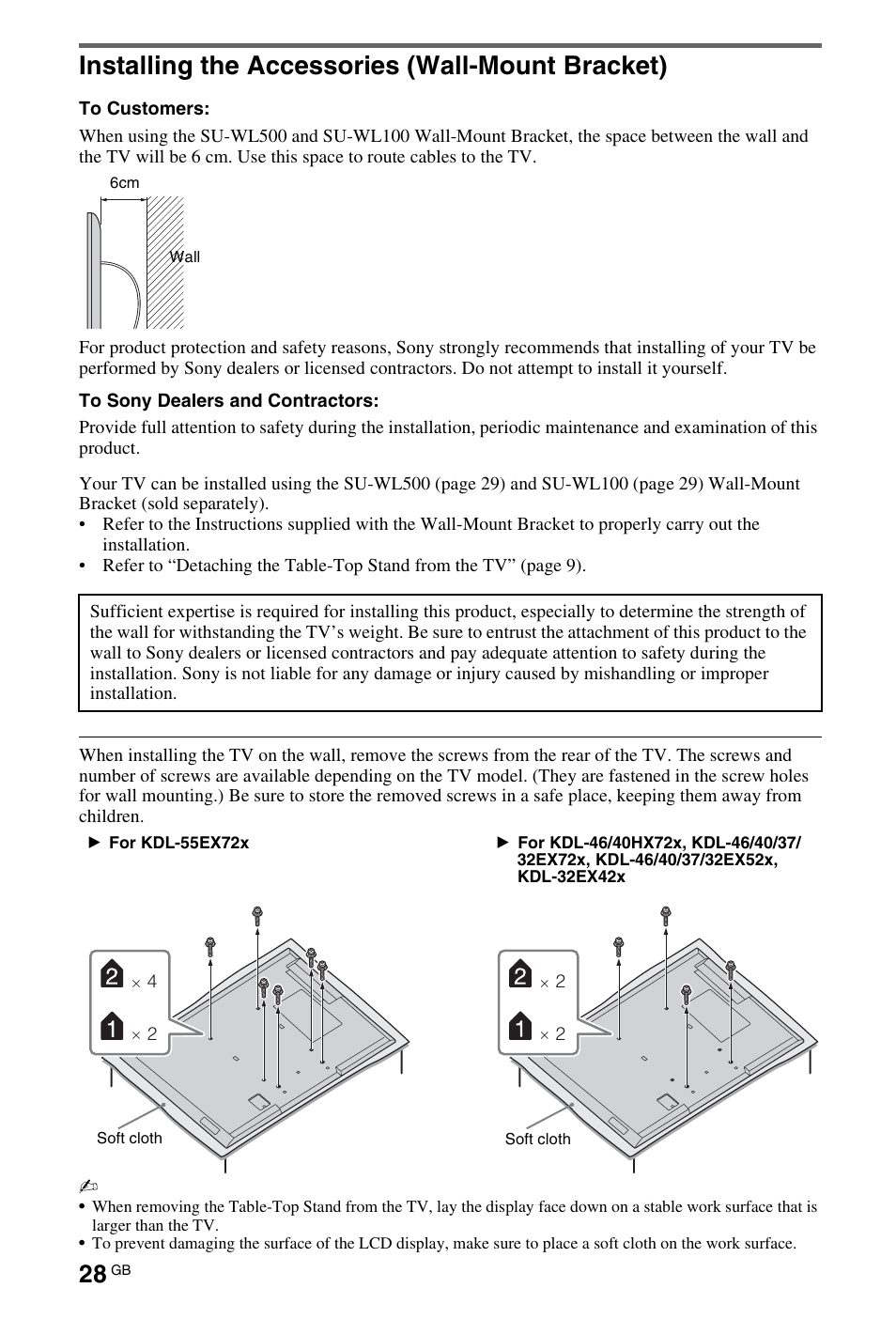 Installing the accessories (wall-mount bracket) | Sony 4-269-995-13(1) User Manual | Page 28 / 36