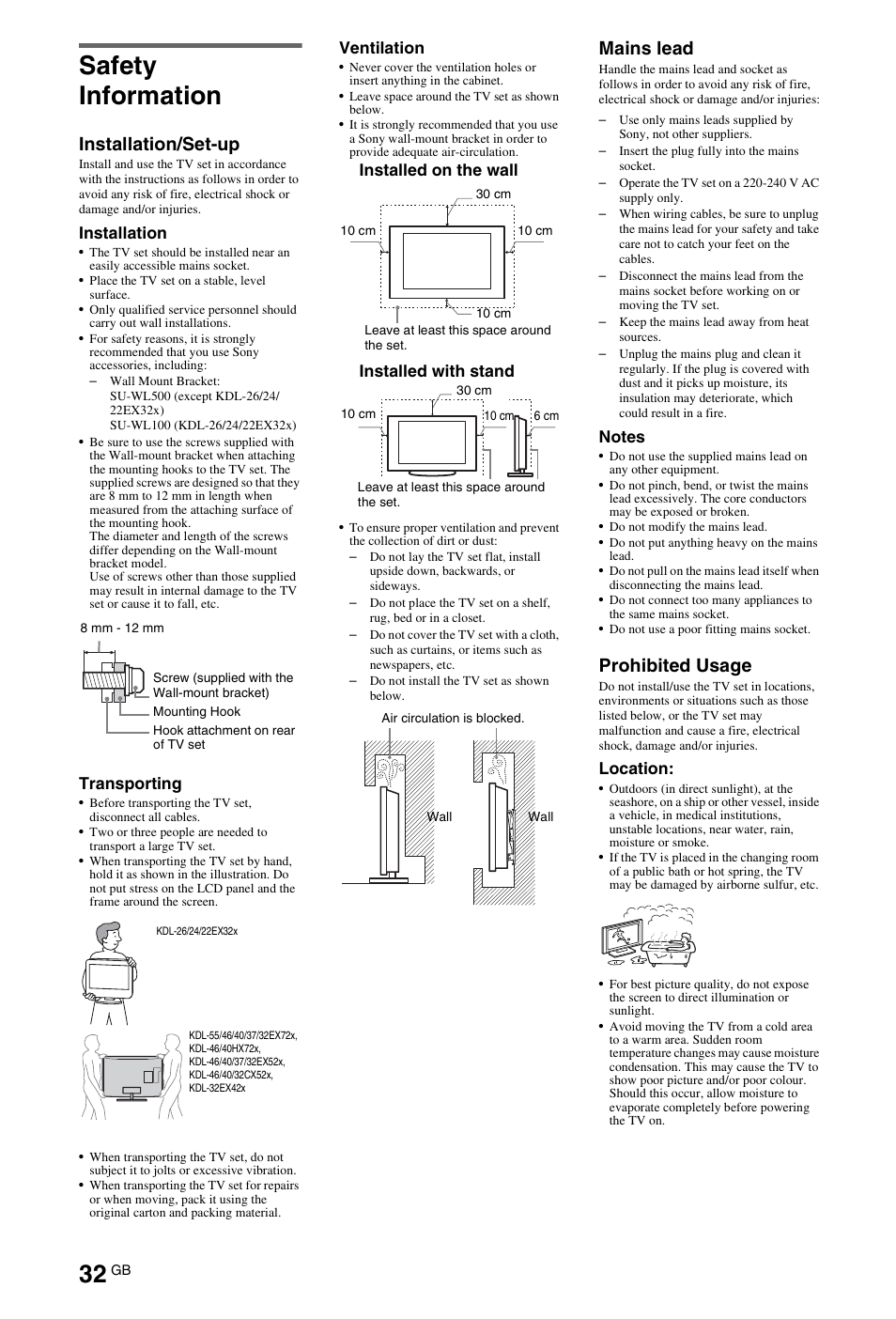 Safety information, Installation/set-up, Mains lead | Prohibited usage | Sony 4-269-995-13(1) User Manual | Page 32 / 36