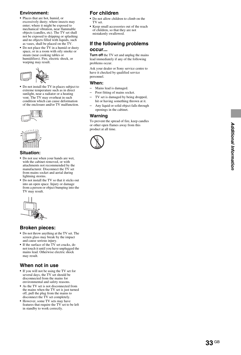 Broken pieces, When not in use, For children | If the following problems occur | Sony 4-269-995-13(1) User Manual | Page 33 / 36