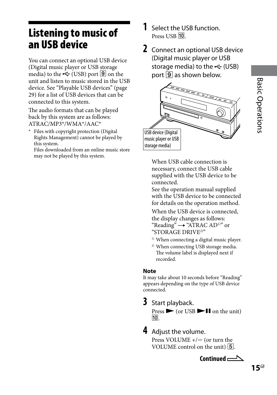 Listening to music of an usb device, Listening to music of an usb, Device | Basic oper ations | Sony CMT-HX3 User Manual | Page 15 / 32
