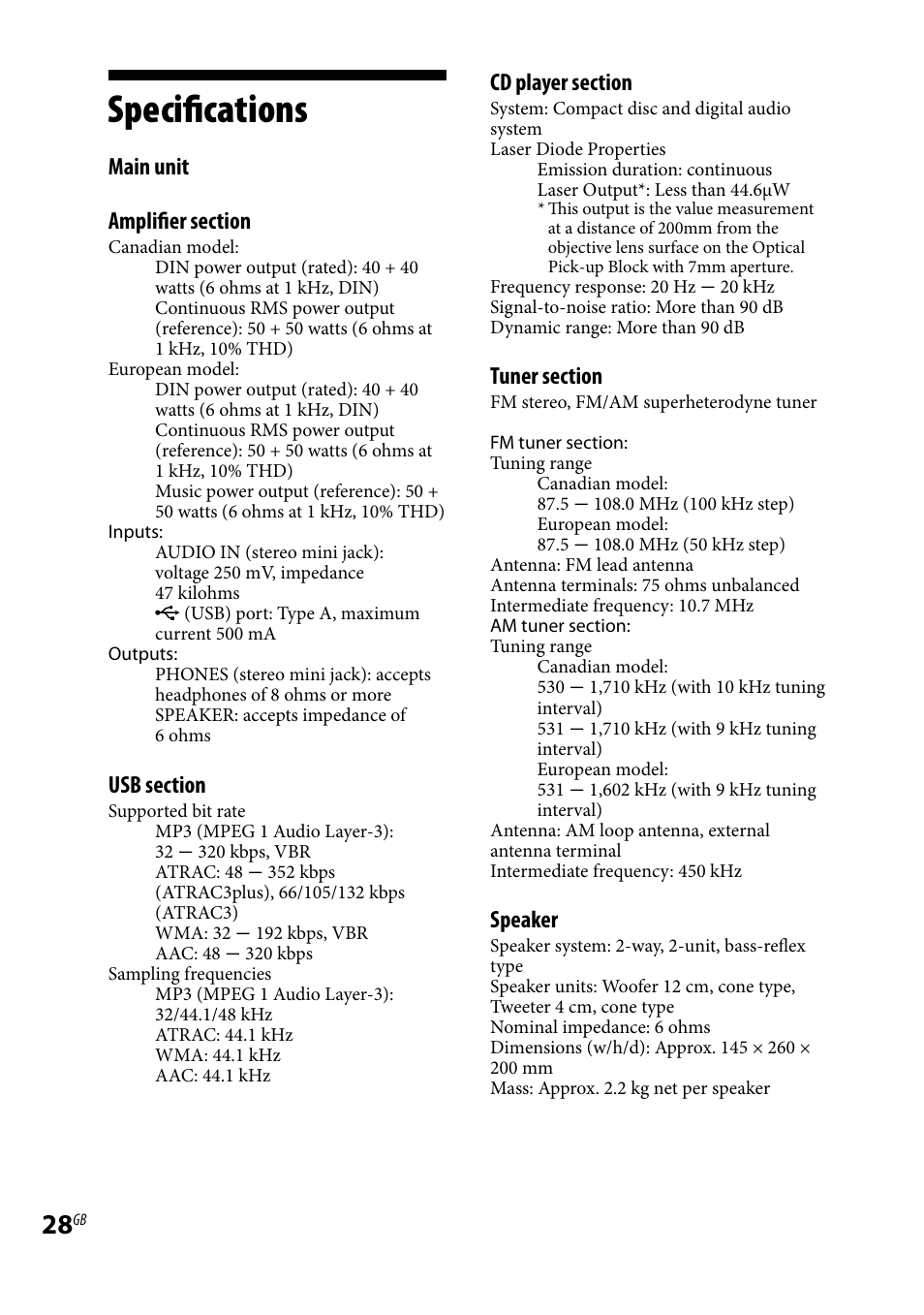 Specifications, Speaker | Sony CMT-HX3 User Manual | Page 28 / 32