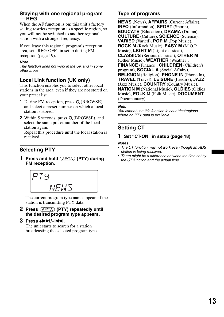 Selecting pty, Setting ct, Selecting pty setting ct | Sony DSX-S100 User Manual | Page 13 / 132
