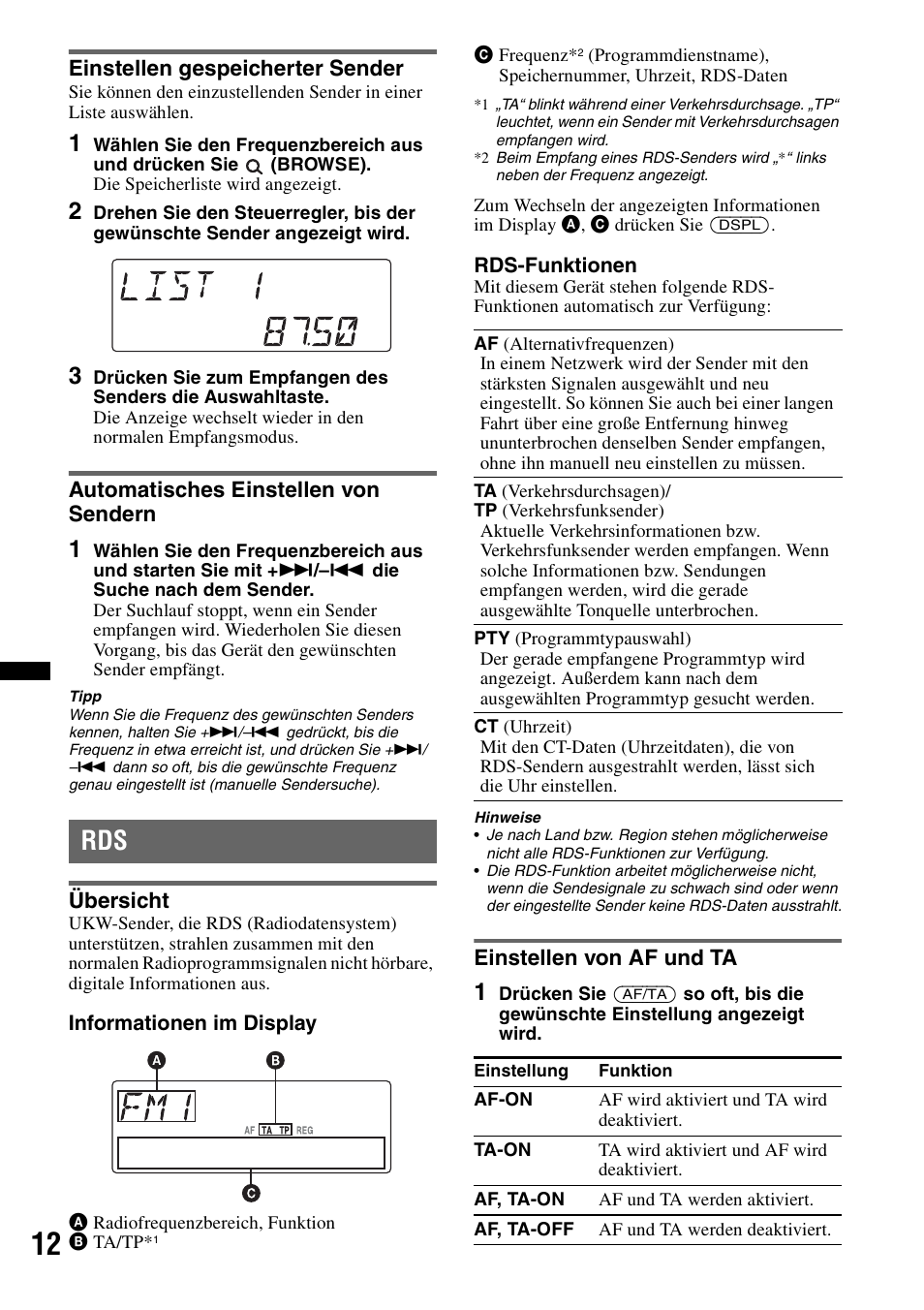 Einstellen gespeicherter sender, Automatisches einstellen von sendern, Übersicht | Einstellen von af und ta, Übersicht einstellen von af und ta, Seite 12 | Sony DSX-S100 User Manual | Page 36 / 132