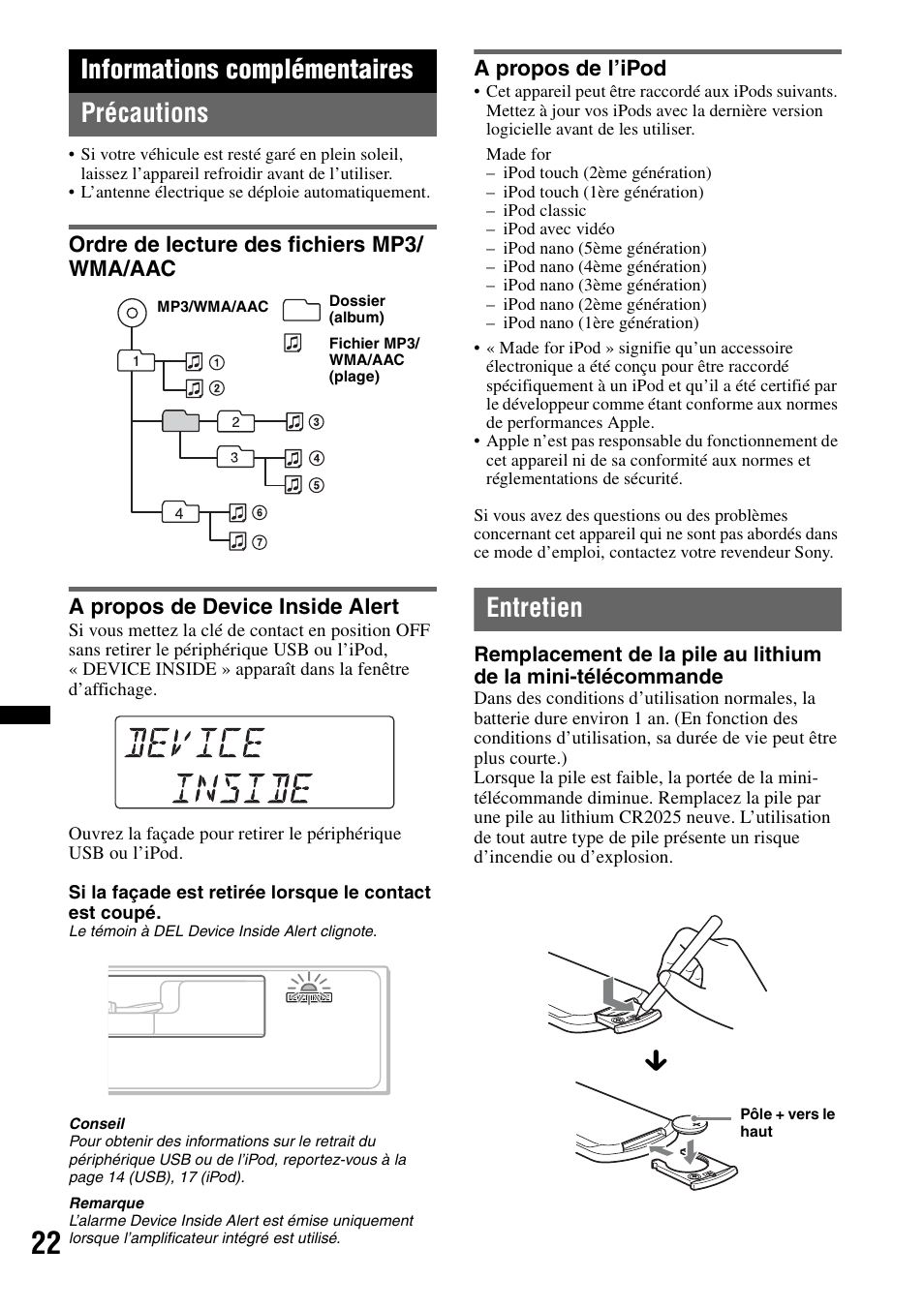 Informations complémentaires, Précautions, Ordre de lecture des fichiers mp3/ wma/aac | A propos de device inside alert, A propos de l’ipod, Entretien, Informations complémentaires précautions | Sony DSX-S100 User Manual | Page 72 / 132