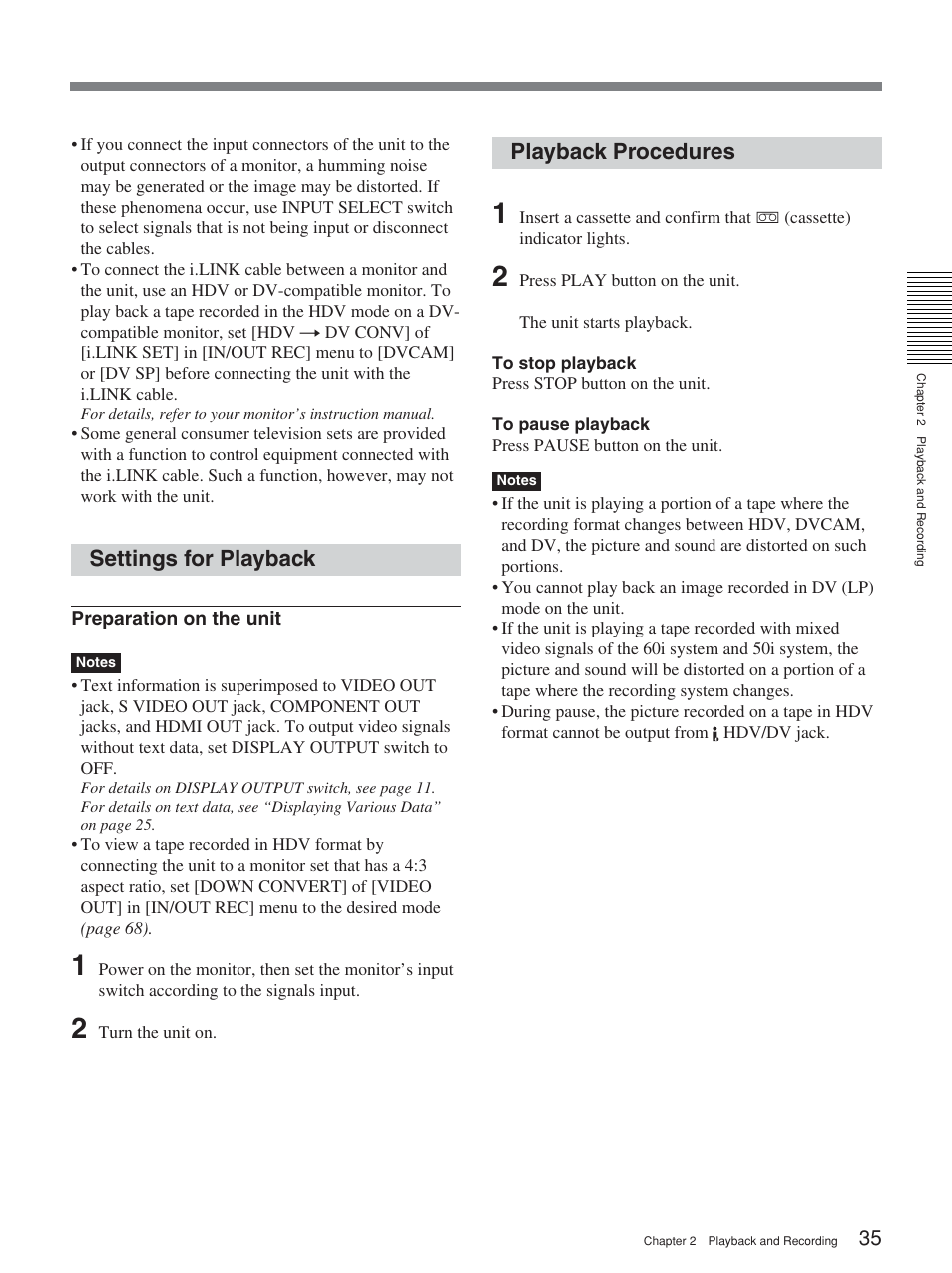 Settings for playback, Playback procedures | Sony HVR-M25P User Manual | Page 35 / 104
